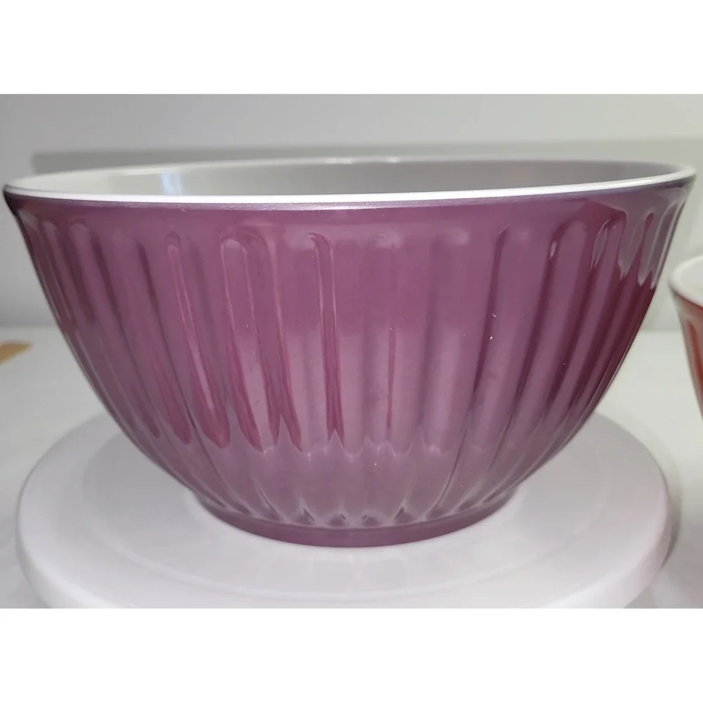 Melamine Mixing Bowl Set Purple Burnt Orange Fluted Ribbed with Lids 2pc